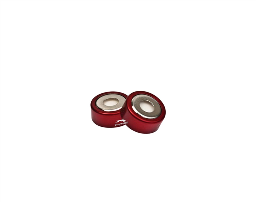 Picture of 20mm Bi-Metallic Magnetic Crimp Cap, Red, Open 8mm Hole with White PTFE/White Silicone Septa (HT Grade), 3mm, (Shore A 45)